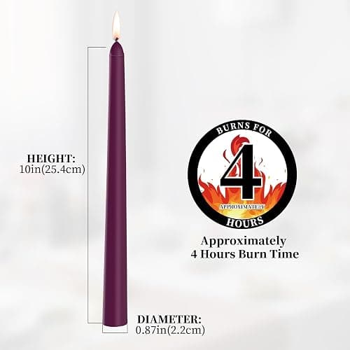 KONNI 0.87×10 Inch Purple Taper Candles, Unscented and Smokeless Tall Candlesticks, 10 Pack Tapered Candles with Cotton Wicks, Long Burning, Ideal for Weddings, Dinner Parties, and Home Décor thumbnail 3