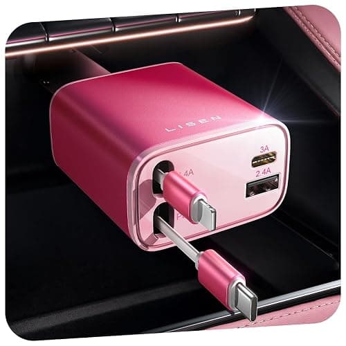 LISEN Retractable Car Charger, 84W Car Charger USB C Fast Charger Adapter, Car Accessories for Men Women, Gifts for Fathers Day for Men Dad Husband, for iPhone 17 16 15 14 13 12 Pro Max, Pink-White - Image 1