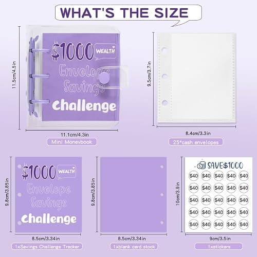 RSORGN Mini Money Saving Challenge Binder, Portable Budget Book with Cash Envelopes to Save $1000 for Home Office School Finance Planning (Purple) thumbnail 3