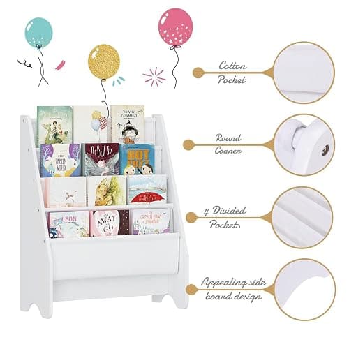 UTEX Kids Bookshelf Storage, Book Shelf for Kids Rooms, 4 Tier Sling Toddler Bookshelf, Magazine Book Rack, Children Book Organizer, White thumbnail 6