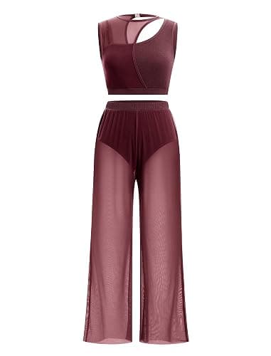 FYMNSI Costume de danse lyrique moderne pour femme - Vêtement de danse classique - Sans manches - Ventre nu - Pantalon large thumbnail 3
