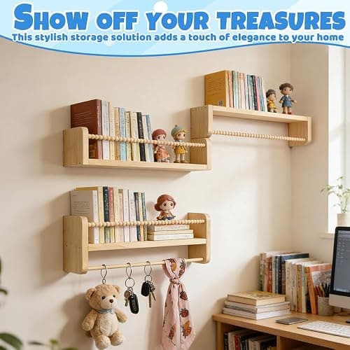 Nursery Shelves, ADDLIVE Floating Book Shelves, 40cm Kids Bookshelf, Wall Mounted Bookshelves Set of 3, Nursery Decor, Book Shelves for Wall With Hanging Rail for Kids Room, Bedroom, Bathroom and More thumbnail 5