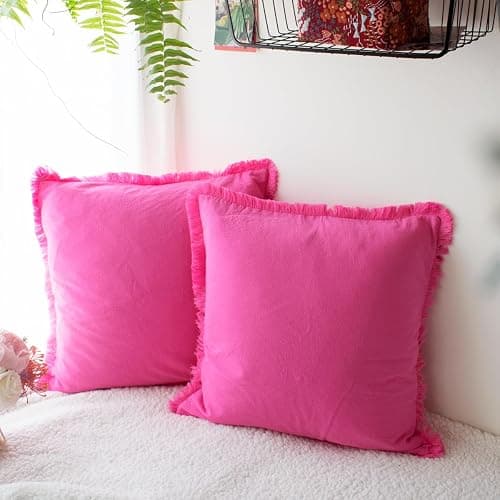 Boho Pillow Covers Hot Pink Pillow Covers 18x18 Soft Square Cushion Cases Decorative Pink Throw Pillows Set of 2 for Sofa Bedroom Car 18 x 18 Inch Hot Pink thumbnail 2