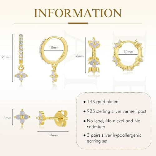 QUINBY Dainty Opal Earrings Dangle Hoop Earrings For Women,Hypoallergenic Earring Sets For Multiple Piercing,14k Gold Plated Earring Stacks For Sensitive Ears - Golden thumbnail 5