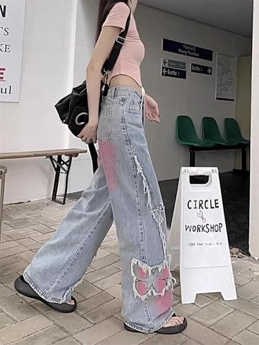 Y2K Baggy Ripped Jeans for Women – Wide Leg Butterfly Print & Star Patch Distressed Denim Pants High Waist Streetwear thumbnail 6