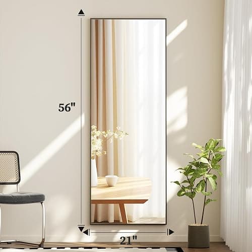BEAUTYPEAK 21"x56" Full Length Mirror with Stand, ShatterVue Tempered Full Body Mirror, Floor Mirror with Aluminum Alloy Thin Frame, Free Standing or Wall-Mounted Mirror for Living Room, Black thumbnail 2