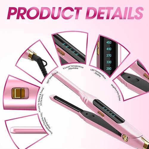 Mvxitanny Mini Flat Irons for Short Hair,Pixie Cut & Bangs,Pencil Hair Straightener for Edges with LED Display,Small Hair Straightener with Dual Voltage,Ease to use and Fast 15 Second Heat up（Pink） thumbnail 2