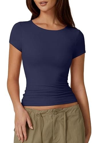 QINSEN Women's Crew Neck Short Sleeve Tees Double Lined Slim Fit T Shirt Basic Y2K Tops - Image 1