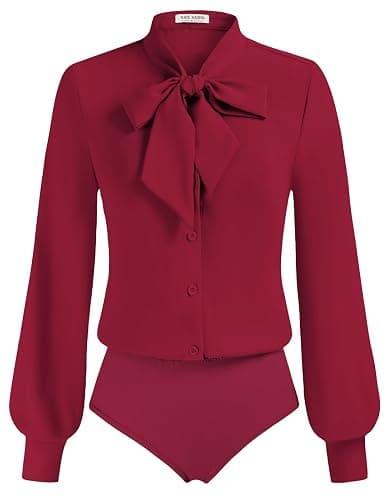 Kate Kasin Women Bow Tie Neck Office Blouse Button Down Long Sleeve Bodysuits Blouse Top - Image 1