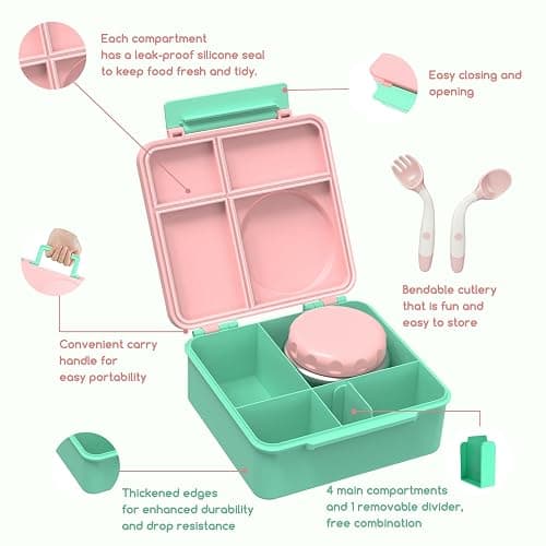 JoyYum Bento Box for Kids - Leak-Proof Bento Lunch Box with Insulated Thermos Food Jar - 4 Compartments, 1 Removable Divider, 1Spoon, 1 Fork - Dishwasher Safe, BPA-Free (Light pink) thumbnail 5