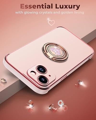 XYZ for iPhone 14 Case with Stand, Phone Case with Double Ring Kickstand, Women Girls Bling Luxury Protective Case Heart for iPhone 14, Pink thumbnail 6