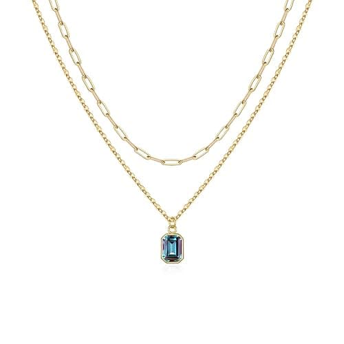 Vrsilver Layered Birthstone Necklace for Women Girls, Gold Silver Rose Gold Plated Layered Paperclip Chain Choker Necklace with Rectangle Birthstone Pendant Birthday Gifts for Women Girls Jewelry - 15"+2"/17"+2" - Gold - 06 Jun - Alexandrite - Image 1
