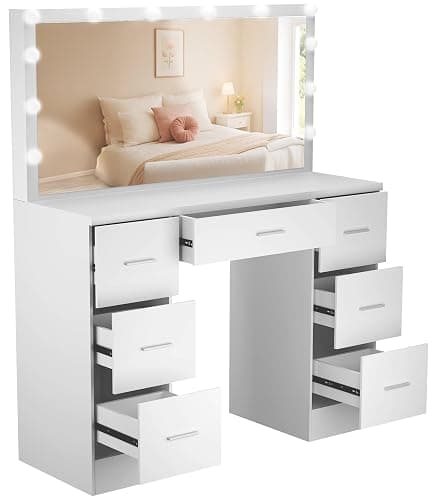 CLP Coiffeuse avec éclairage et Miroir 110x55 cm Ginny, Miroir Hollywood à LED dimmable avec 3 Couleurs de lumière, avec tiroirs, Couleur:Blanc thumbnail 7