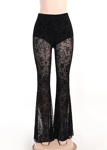Womens Mesh Pants High Waisted Lace Bell Bottom Elastic Waist Summer Pants Wide Leg Trousers - Small - 4-black thumbnail 4