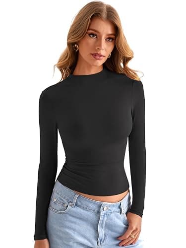 EasyGala Womens Double Lined Mock Turtle Neck Long Sleeve Tops Slim Fitted Going Out Tops Basic T Shirts thumbnail 3