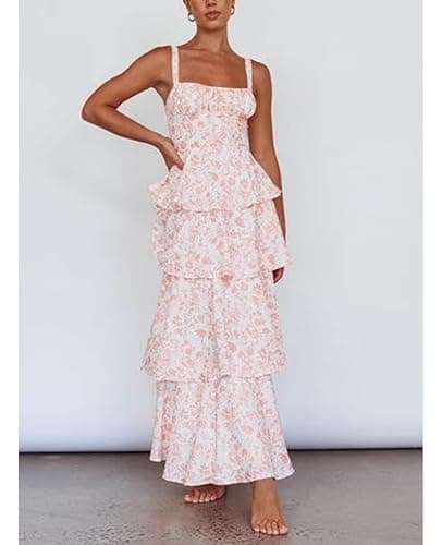 Tiered Ruffle Dress Women Casual Summer Spaghetti Strap Sleeveless Floral Layered Maxi Dress for Women Beach Sundress thumbnail 3