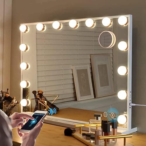 Fenair Makeup Mirror with Lights and Bluetooth Speaker Support Answer Call Hollywood Vanity Mirror, Touch Screen, 3 Color Modes Frameless Tabletop Mirror with 15 Dimmable Bulbs (White) - B-white-bluetooth - Image 1