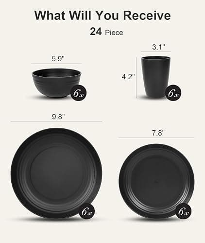 Quatish 24 Piece Plates and Bowl Set for 6, Dinnerware Dish Set for Kitchen | Unbreakable, Dishwasher Microwave Safe, House Warming Gift New Home,Dorm Apartment Essential, Kitchen and Dining Decor, Black thumbnail 3