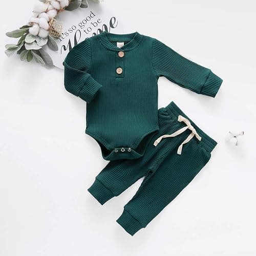 Newborn Baby Boy Girl Clothes Ribbed Knitted Cotton Long Sleeve Romper Long Pants Solid Color Fall Winter Outfits thumbnail 3