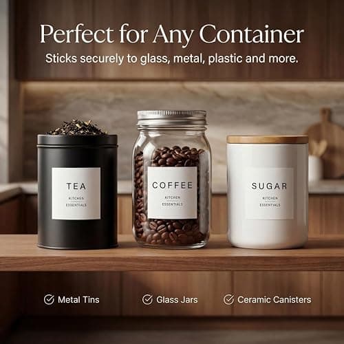 Livabl 420 UK Designed Pantry Labels for Jars - Stylish Minimalist Food White Labels Stickers for Jars | Kitchen Organisation - Durable Design for Long-Lasting Use | Includes Tea Coffee Sugar thumbnail 2
