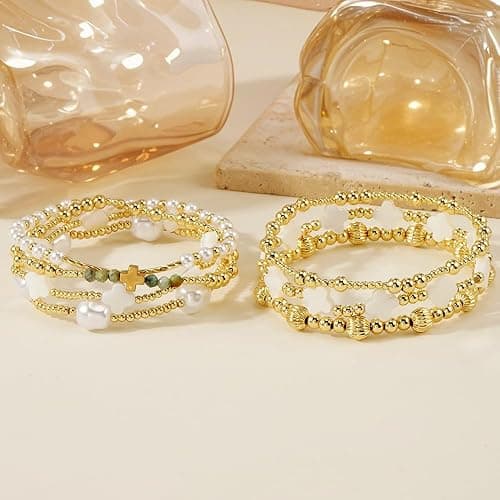 Dainty Cross Clover Gold Beaded Pearl Bracelet Stack for Women,Handmade Boho Gold Plated Beads Stretch Stackable Bracelets Fashion Birthday Prom Jewelry Accessories Gift Friendship thumbnail 5