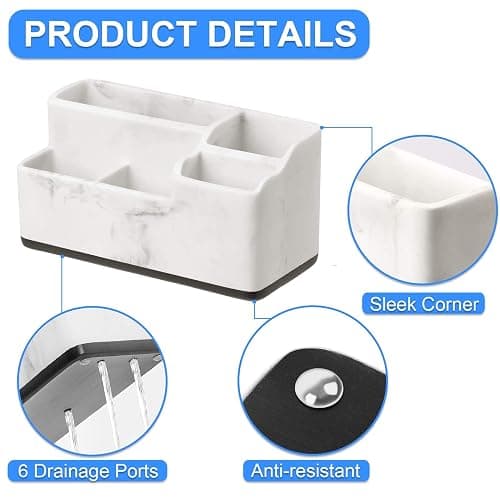 VITVITI Toothbrush Holder for Bathroom, Bathroom Storage Organizer, Small Counter Stand Accessories, for Toothpaste/Vanity Countertop, 5 Compartments Drainage Organization, White Resin of Marble Color thumbnail 5