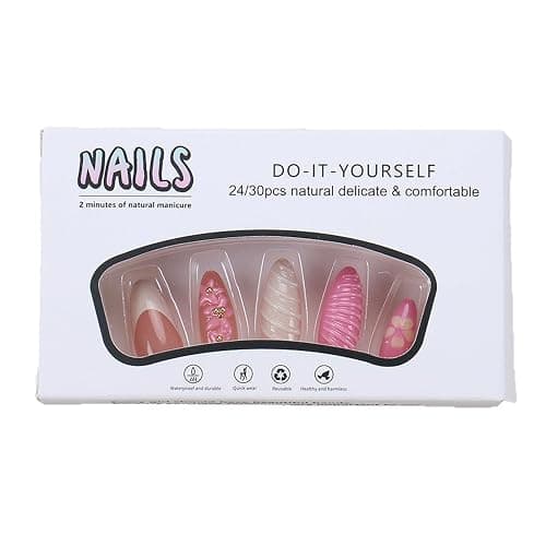 3D Handmade Press on Nails Medium Almond Fake Nails Spring & Summer French Nails Flower Press On Water Drop Designer Nails Cute Stick on Nails Wedding and Party, Daily wear Nails fro Women 24 Pcs, thumbnail 5