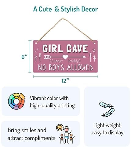 Girl Cave Sign for Girls Room, No Boys Allowed Door Sign, Cute Room Decor Sign for Bedroom Door, Funny Girls Only Sign for Kids Room, Teen Girl Wall Decor 12x6 Inch thumbnail 2