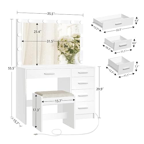FIONESO Makeup Vanity with Large Mirror, Vanity Desk with Power Outlets & 12 Lights, Makeup Vanity Desk with 5 Drawers & Stool, Dressing Table for Bedroom, Woman, White thumbnail 2
