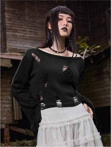Goth Y2K Striped Sweater Grunge Ripped Punk Gothic Sweaters for Women Harajuku Aesthetic Halloween Pullover Tops thumbnail 2