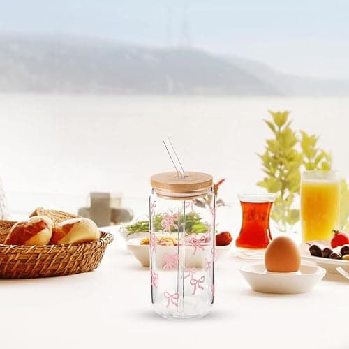 TOPPERFUN Cute Glass Water Cup with Lid and Straw: 400ml/ 13.5oz Glass Tumbler Drinking Set Travel Mug, Cute Bowknot Design Reusable for Beer Iced Coffee Whisky Water thumbnail 6