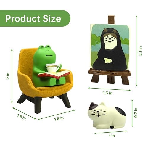 RAQWI Cute Frog Reading on Yellow Sofa Figurine with Cat Painting & Kitten Statue, Mini Resin Animal Set for Office Desk, Bookshelf Decor, Gift for Book & Cat Lovers thumbnail 2