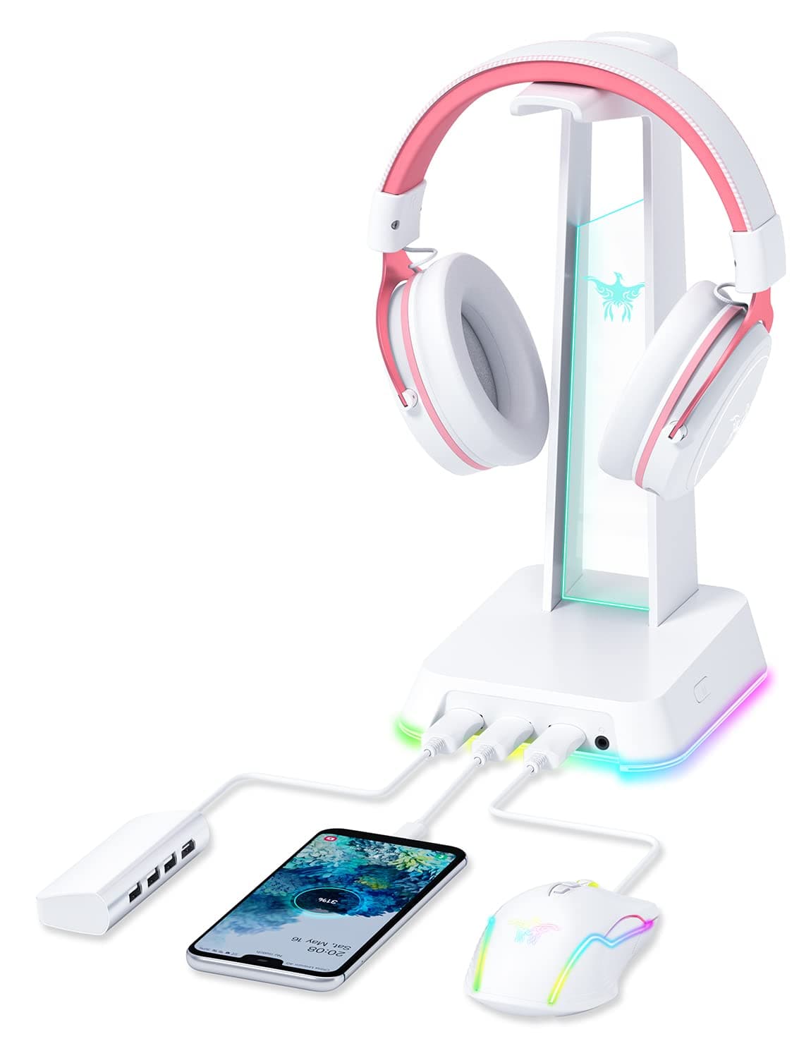 PHNIXGAM - Soporte para auriculares RGB con 3,5 mm AUX y 3 puertos USB 2.0, soporte universal para auriculares para juegos de computadora y juegos (blanco) - Blanco - Image 1