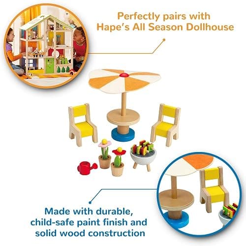 Hape Wooden Patio Set| Pretend Doll House Furniture with Accessories for Kids thumbnail 2