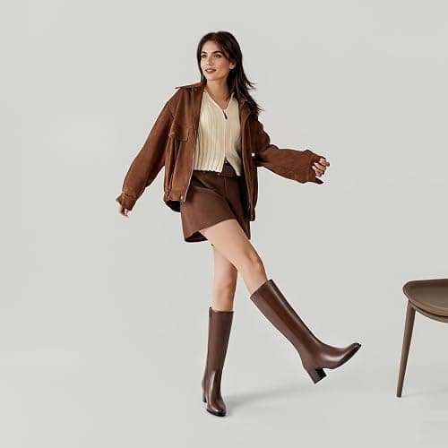 Goderci Knee High Boots Round Toe Chunky Block Boots with Side Zip Elastic Faux Leather Boots for Women thumbnail 6