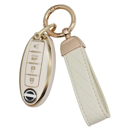 SUNCARACCL for Nissan Key Fob Cover with Leather Keychain, Soft TPU Full Protection Key Case Shell for Nissan Altima Maxima Rogue Armada Pathfinder Smart Key 4 Buttons (White) - Image 1