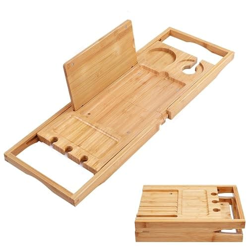 Utoplike Bamboo Bathtub Trays Caddy Bath Tray for Tub, Adjustable Bathroom Bathtub Organizer with Book Tablet Wine Cup Towel Holder, Bathroom Trays - Image 1