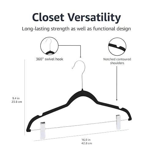 Amazon Basics Velvet Non-Slip Skirt Clothes Hangers with Clips, 360 Degree Rotatable Hook, Organize Pants and Skirts, Black/Silver, 24-Pack thumbnail 3