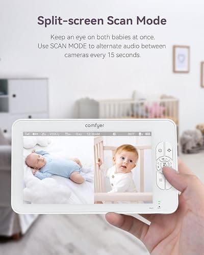 Comfyer No WiFi Split-Screen Baby Monitor with 2 Cameras and Night Vision, 7" HD Baby Monitor with a Flexible Bracket, Audio Alert, High/Low Temperature, VOX Mode, 2 Way Audio, Remote PTZ - 7''720P Display with 2 1080P Camera thumbnail 2