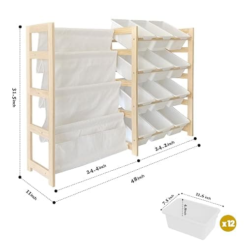 EXPERLAM Toy Storage Organizer with Bookshelf - 12 Storage Bins 4-Tier Multipurpose Shelf to Organize Toys and Books for Kids Room, Playroom, Nursery Room, White - White thumbnail 2