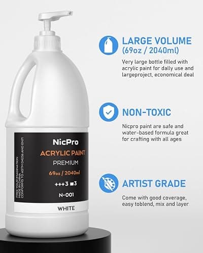 Nicpro White Large Acrylic Paint Set (69 oz, 2040 ml) Rich Art Painting Supplies Non Toxic for Multi Surface, Canvas, Wood, Leather, Fabric Stone Craft, for Beginner & Artist with Pump thumbnail 2