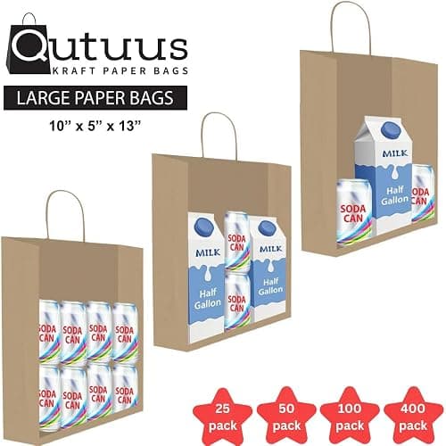 Qutuus 10x5x13 Kraft Paper Bags 100 Pcs Kraft Shopping Bags, Paper Gift Bags for Retail, Merchandise, Recycled Bulk Paper Sacks, Brown Paper Bags with Handles Bulk thumbnail 3