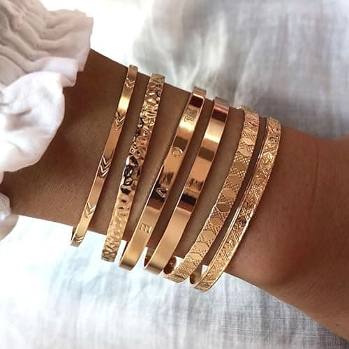 CHICUTIE Gold Bangles Bracelets For Women, 14k Gold Plated Stackable Open Cuff Bracelet Set Charms Trendy Lightweight Elegance Minimalist Textured Boho Jewelry Gift for Women thumbnail 6