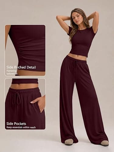 Trendy Queen 2 Piece Matching Summer Lounge Set Womens Side Ruching Top Wide Leg Pants Sets with Pockets thumbnail 5