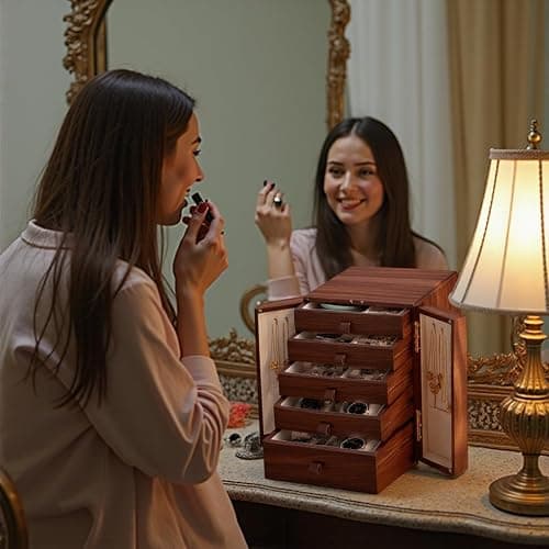 KAOTGOT Jewelry Box for Women Girls, Wooden Jewelry Box Organizer Functional With Drawers, 5 Layers Jewelry Storage Organizer for Earring, Ring, Necklace, Bracelets thumbnail 2