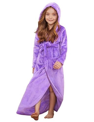 Jxstar Girls Bathrobes Kids Long Hooded Robes Plush Full Length Coral Fleece Pajamas Sleepwear - Image 1