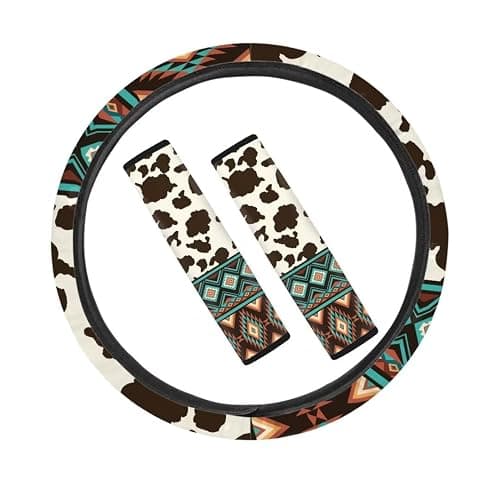 Coldinair Brown Cow Print Universal Car Steering Wheel Cover & Tribal Style Seat Belt Shoulder Pads Fit Most Cars,Truck SUV,Soft and Stretchy - Image 1