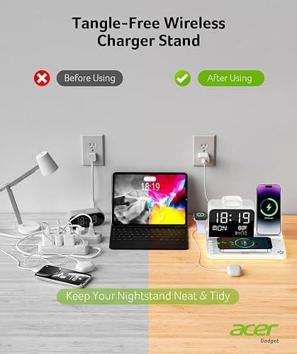 Acer 7-in-1 Wireless Charging Station with LED Clock - 30W Fast Wireless Charger for iPhone 16/15/14/13/12/Pro Max, Apple Watch, AirPods - Bluetooth Auto Time Sync & Night Lights (White) thumbnail 6