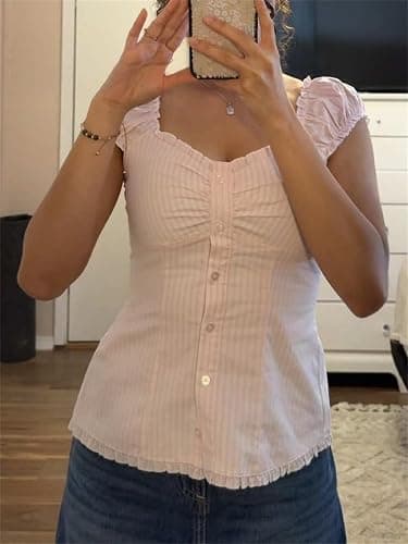 VnimVinter Women Fairy Grunge Y2k Shirt Vintage Short Sleeve 2000s Fairycore Aesthetic Crop Top E-Girl Streetwear thumbnail 3