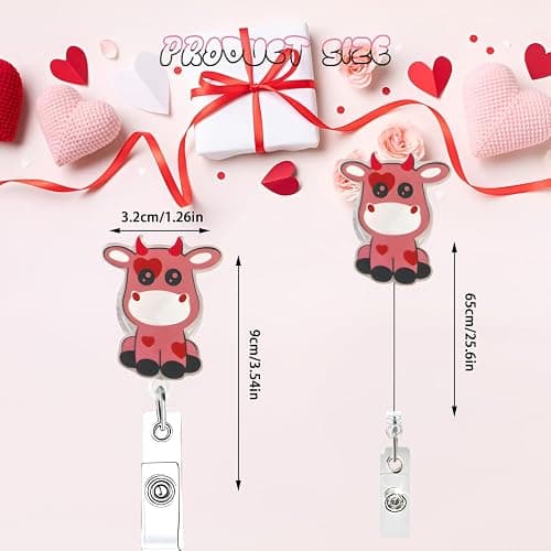 Valentines Cute Pink Cow Badge Reel for Nurse with Heart Design Funny Holiday Retractable Alligator Clip Acrylic Badge Reel for Nursing Doctors Teacher Social Worker Business Card thumbnail 3